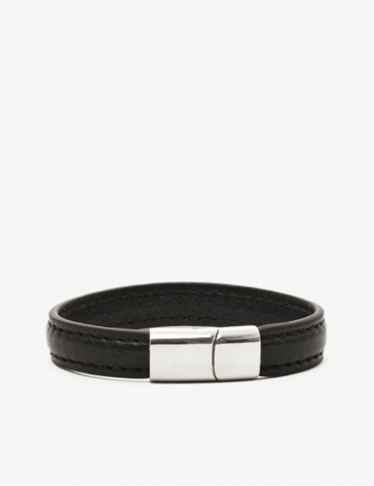 Cockring bracelet en cuir noir et chromé