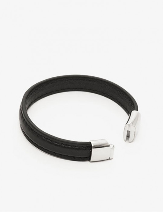Cockring bracelet en cuir noir et chromé