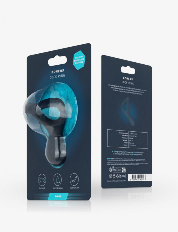 Packaging du cockring silicone bleu avec stimulation testiculaire - Boners