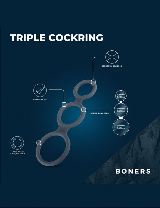 Caractéristiques du cockring triple anneaux en silicone de Boners