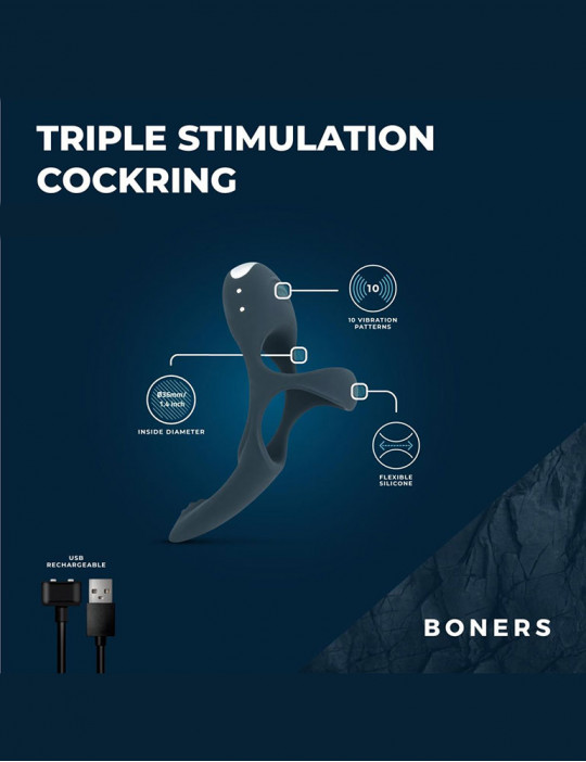 Caractéristiques du cockring vibrant triple stimulation Boners