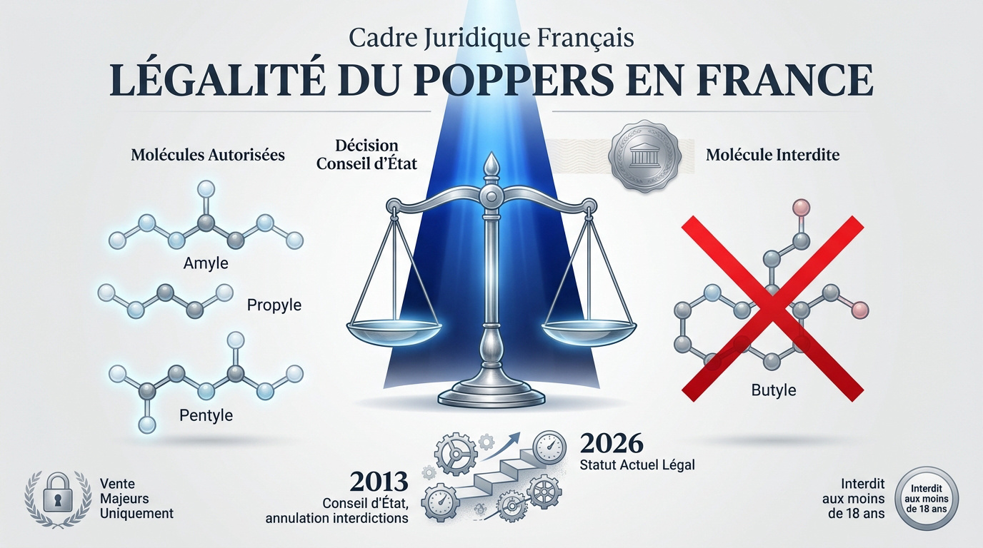 Représentation graphique de la légalité du poppers en France et du cadre juridique actuel