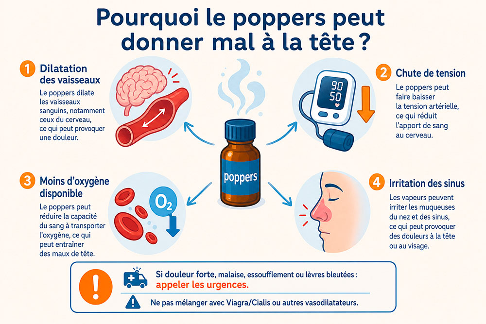 Infographie sur les causes du mal de tête provoquées par le poppers